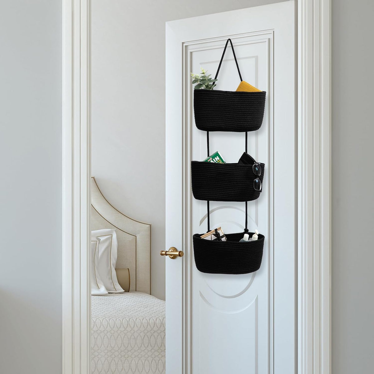 TeoKJ Over the Door Organizer, 3-Tier Woven Cotton Hanging Kitchen Baskets Storage Organizer Bag