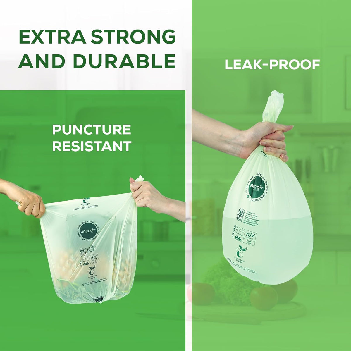 ANECO 100% Compostable Waste Bags 2.6 Gallon (Flat Top Bags, 50 Count) Extra Strong Kitchen Small
