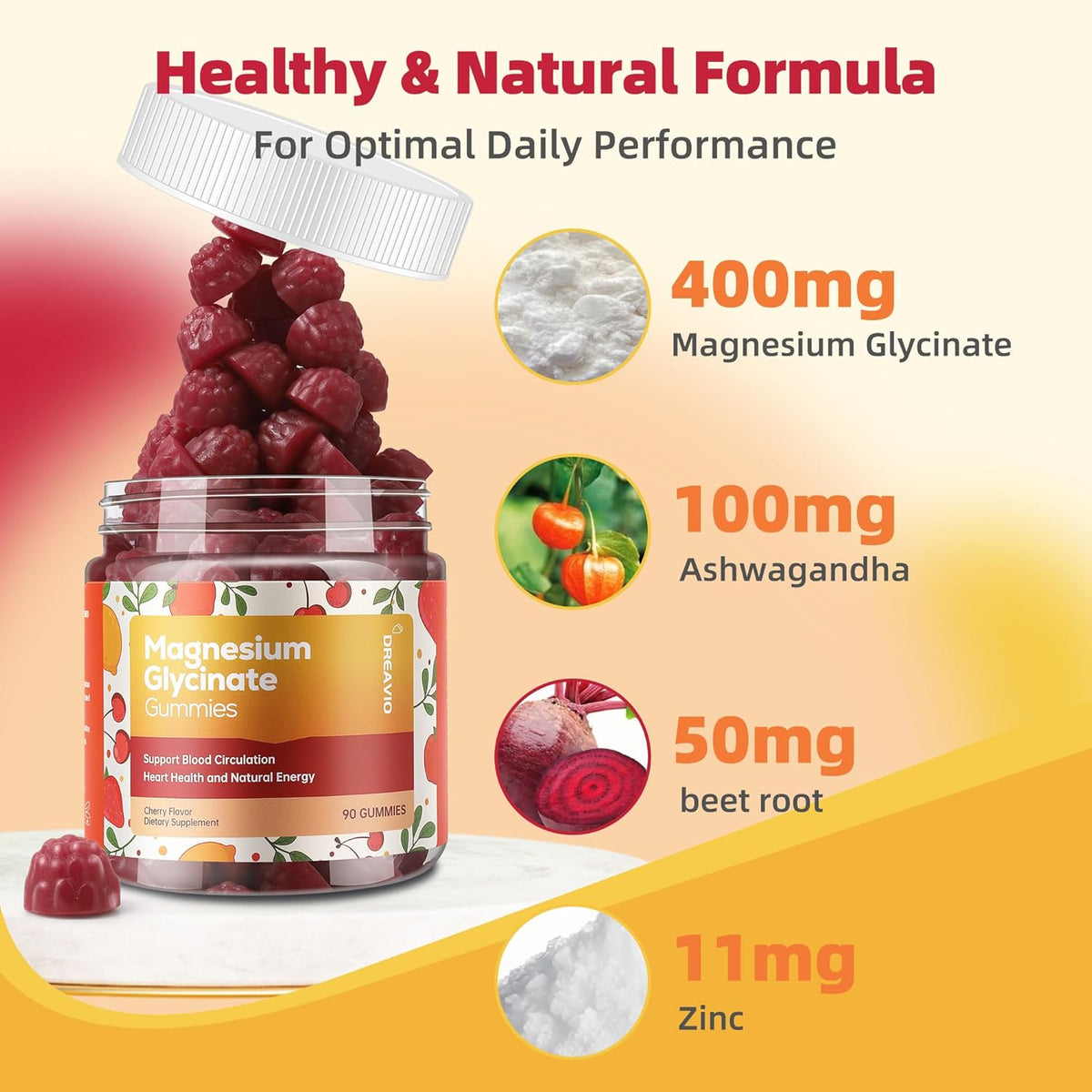 90 Count Magnesium Glycinate Gummies 400mg w/Ashwagandha Supplement - Sugar Free Zinc Magnesium