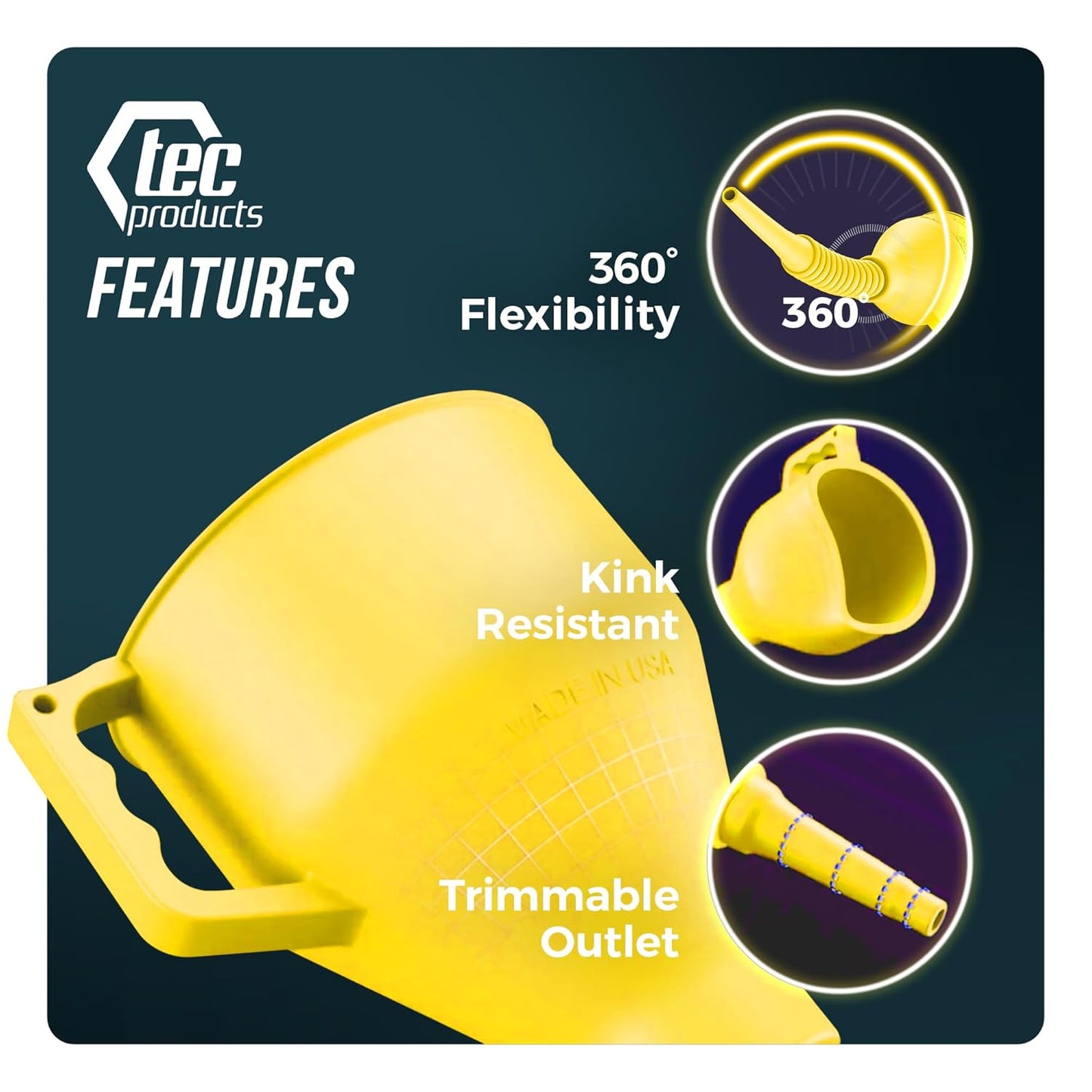 TEC Products FlexAll Long Flexible Funnel for Automotive Use - Durable Nitrile Rubber - Ideal for