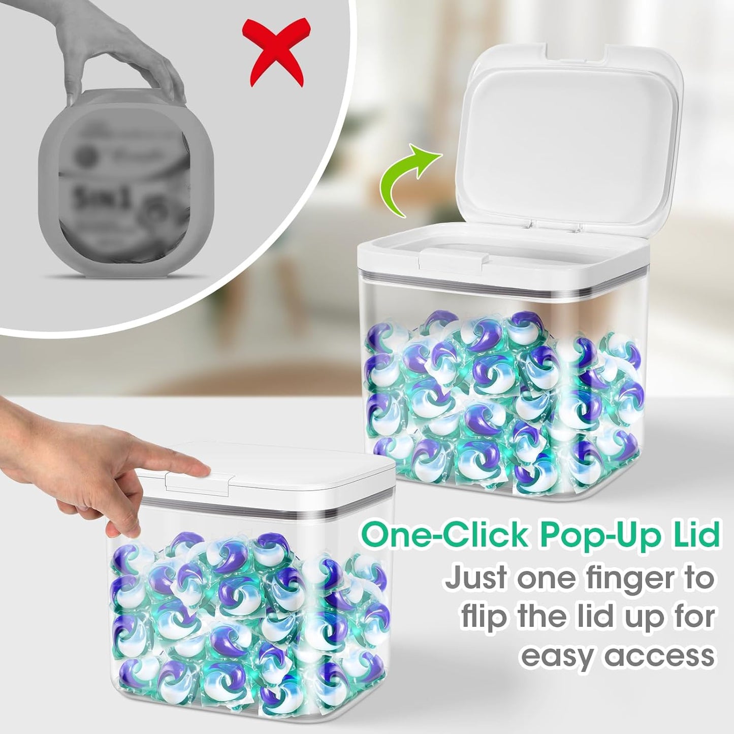 2 Pack Laundry Pods Container with One-Click Pop-up Lid, 95 oz + 68 oz Laundry Room Detergent