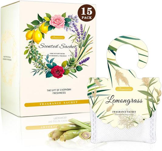 15 Packs Lemongrass Scented Sachets Bag for Drawers and Closets, Air Freshener for Home Fragrance