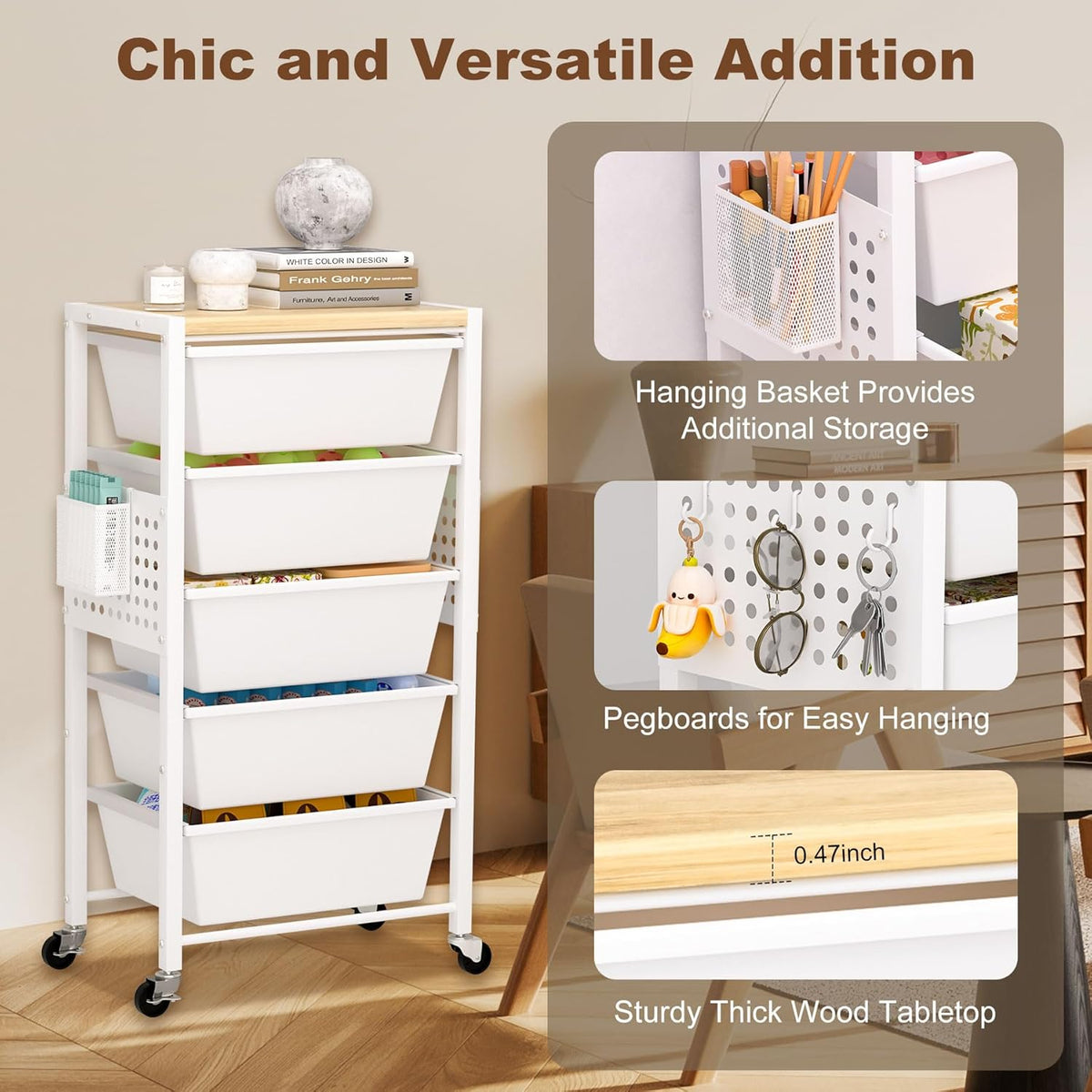 Rolling Cart with Drawers, Rolling Storage Cart with 5 Large Plastic Drawers & Wooden Tabletop