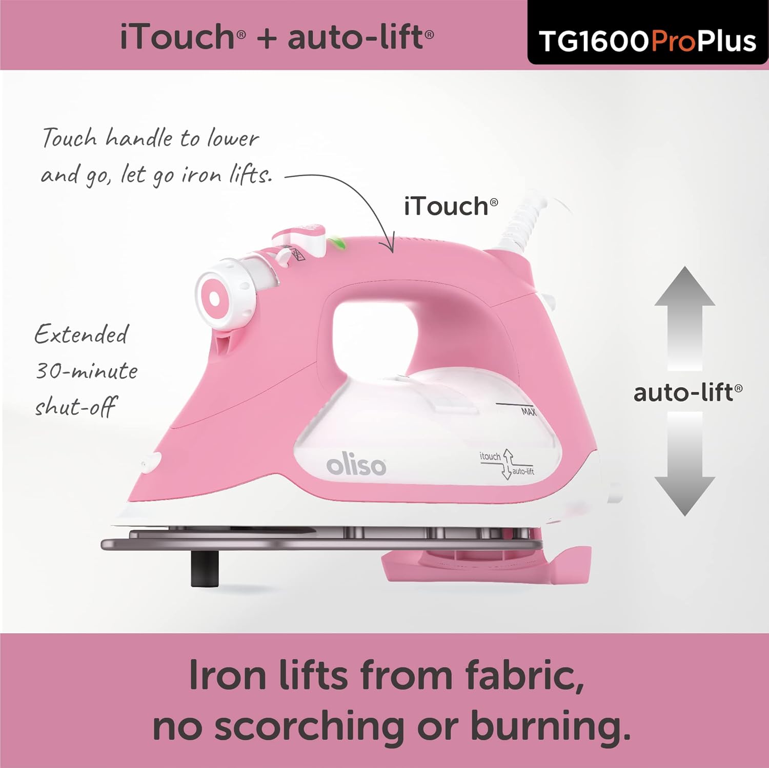 oliso TG1600 ProPlus Smart Iron with Auto-Lift – 1800 Watt Steam Iron for Clothes, Sewing, Quilting