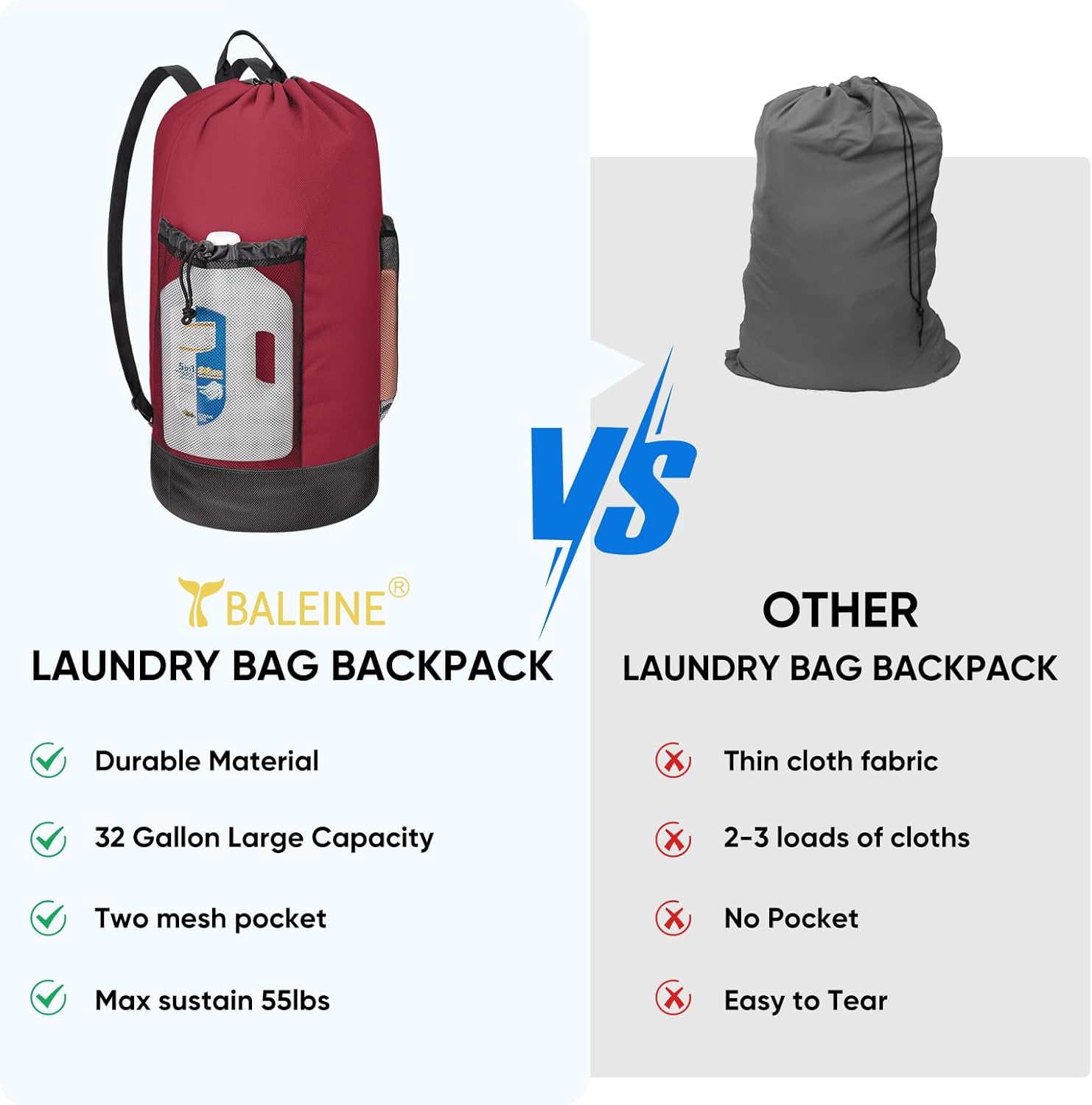 BALEINE 120L Laundry Bag Backpack, 900D Oxford Fabric Large Travel Laundry Bags with Shoulder