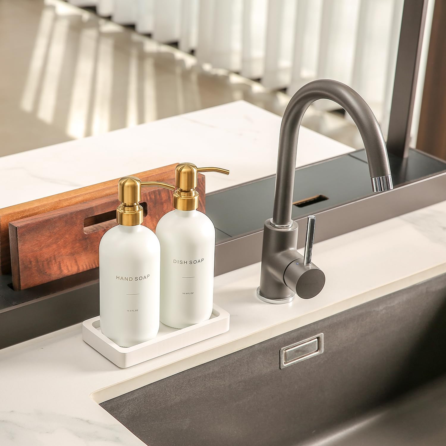 Gold Soap Dispenser Set, Glass Soap Dispenser with Stainless Steel Pump, Perfect for Modern Kitchen