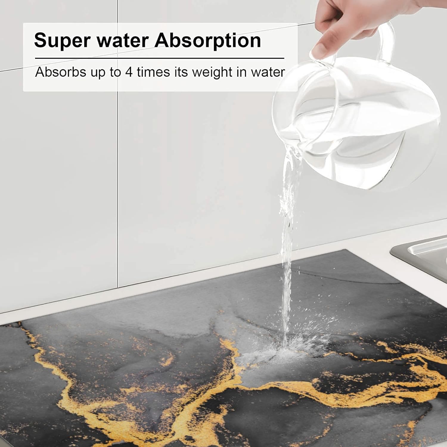Black Gray Gold Marble Kitchen Drying Mat Abstract Modern Microfiber Dish Drainer Mat for Kitchen