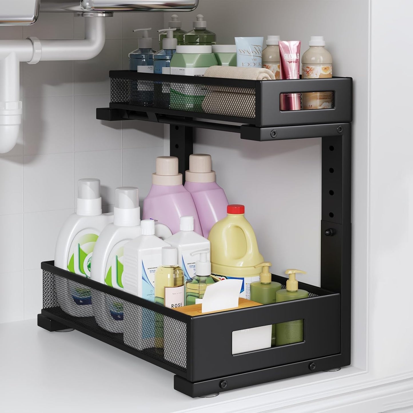 1 Pack-11.4"-16.14"H Under Sink Storage Organizer, Large 2-Tier Elegant Mesh Pull Out Shelf for