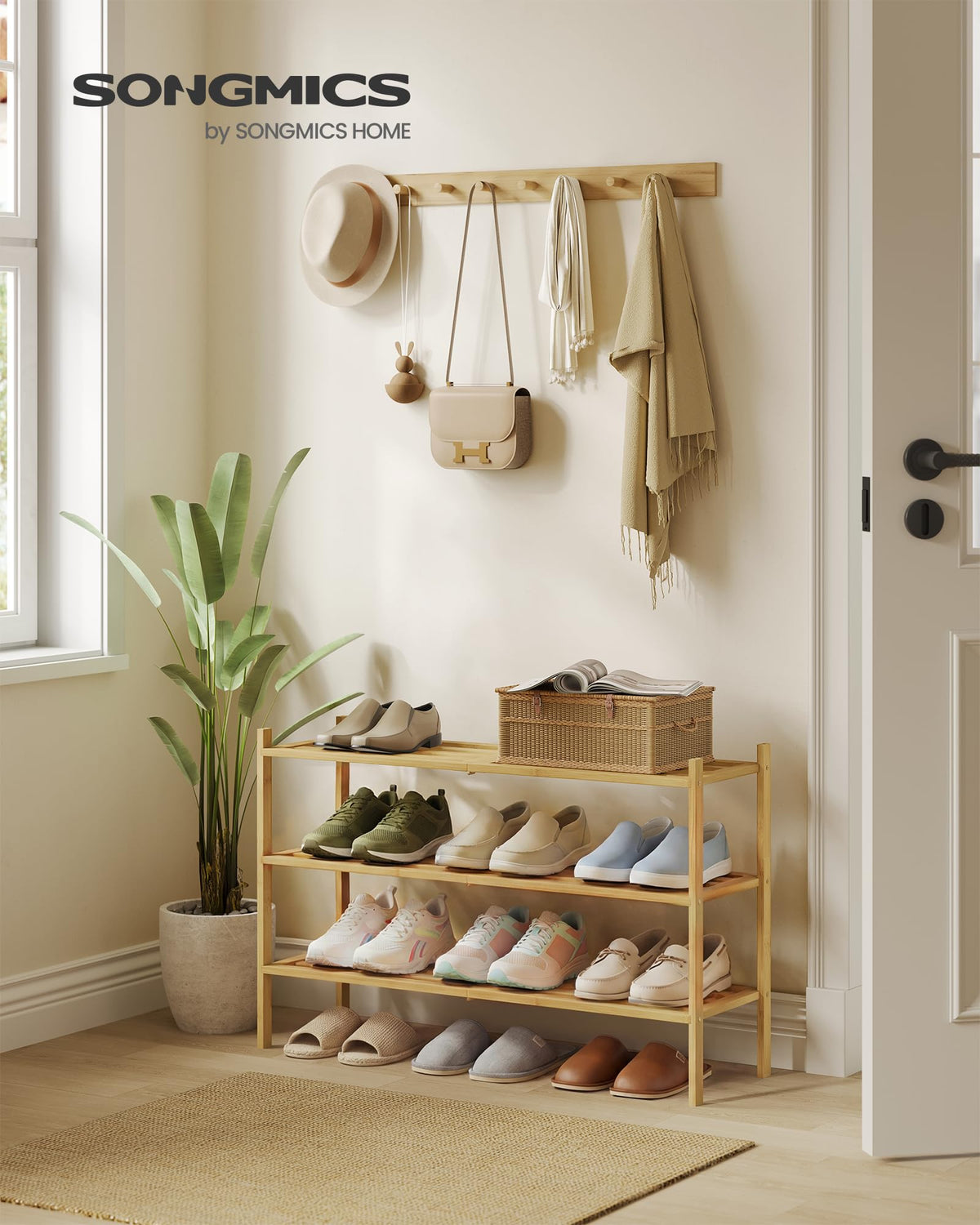 SONGMICS Bamboo Shoe Rack for Closet, Stackable Shoe Oragnizer with Modular Structure, Space-Saving