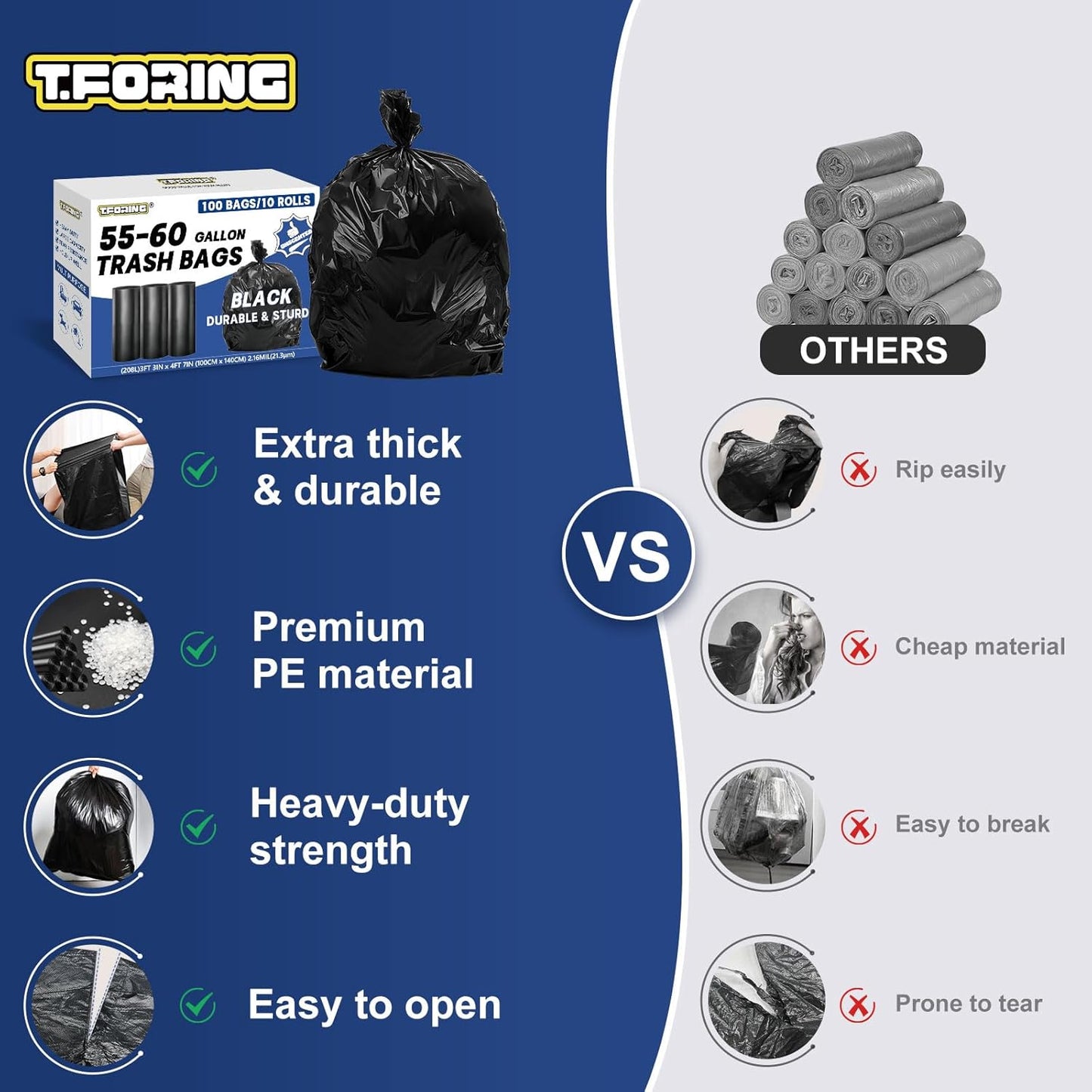 55-60 Gallon Trash Bags Heavy Duty 2.1 Mil - 39''x55'' 100 Count Extra Thick Black Garbage Bags
