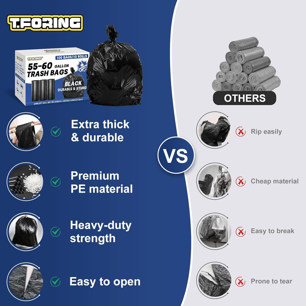55-60 Gallon Trash Bags Heavy Duty 2.1 Mil - 39''x55'' 100 Count Extra Thick Black Garbage Bags