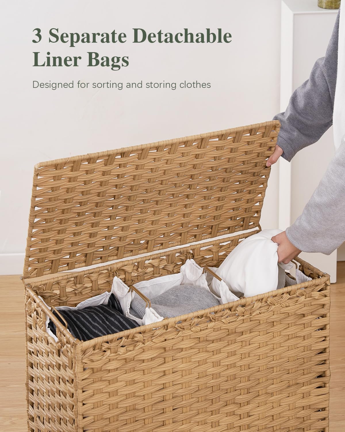 Laundry Hamper with Lid 132 L, (35 Gallons) Clothes Hamper with Lid, Handwoven Rattan Laundry