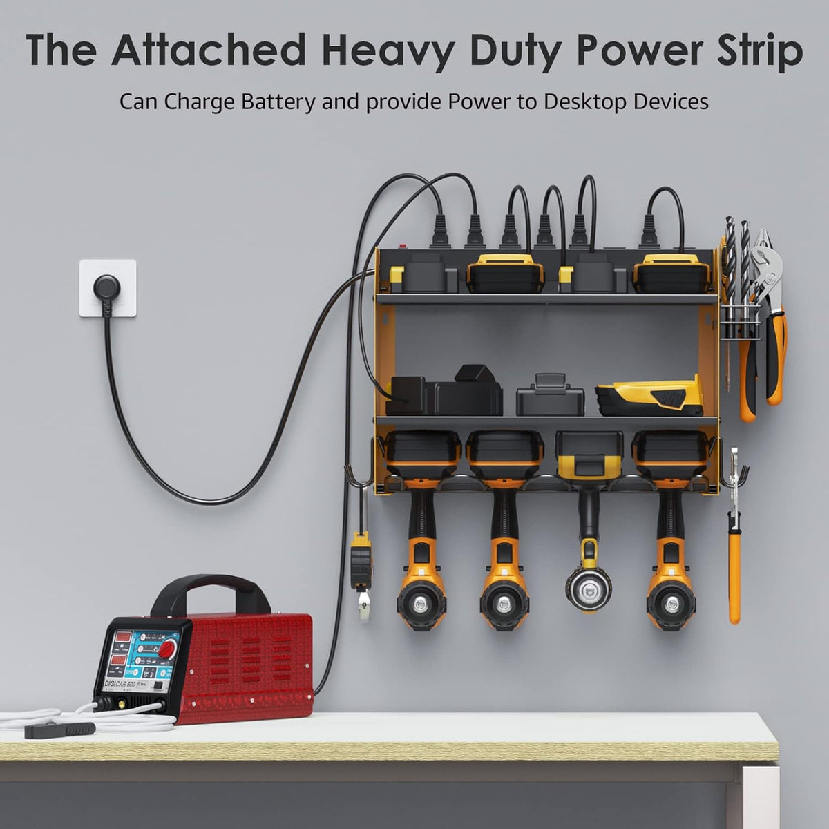 CCCEI Modular Power Tool Organizer Wall Mount with Charging Station. Garage 4 Drill Storage Shelf