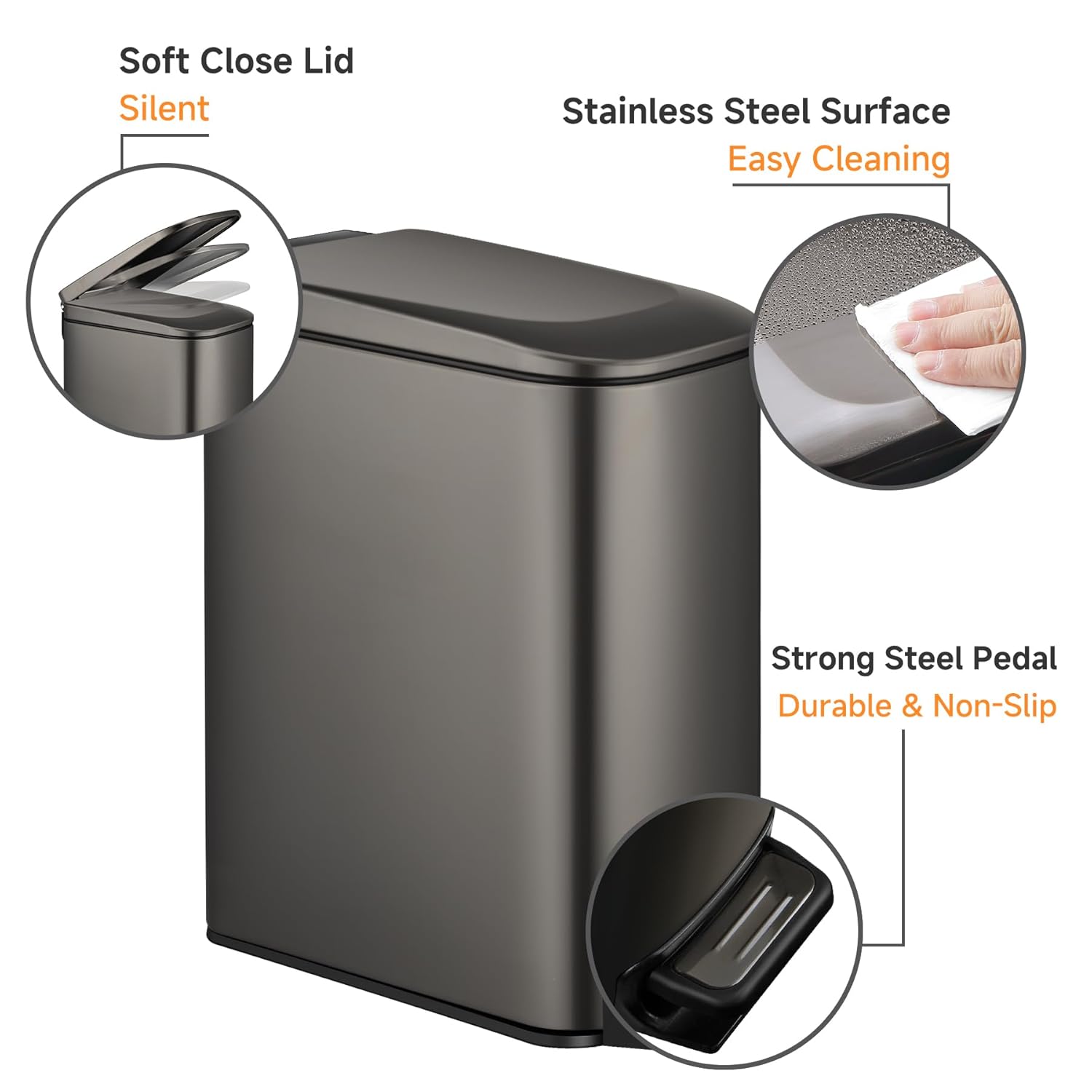 TIPGO Slim Bathroom Trash Can with Lid Soft Close, 6 Liter / 1.6 Gallon Stainless Steel Garbage Can