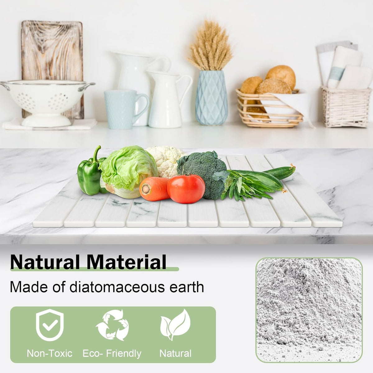 Stone Dish Drying Mat for Kitchen Counter,24"(L)×16"(W) Collapsible Fast-Drying Diatomaceous Earth