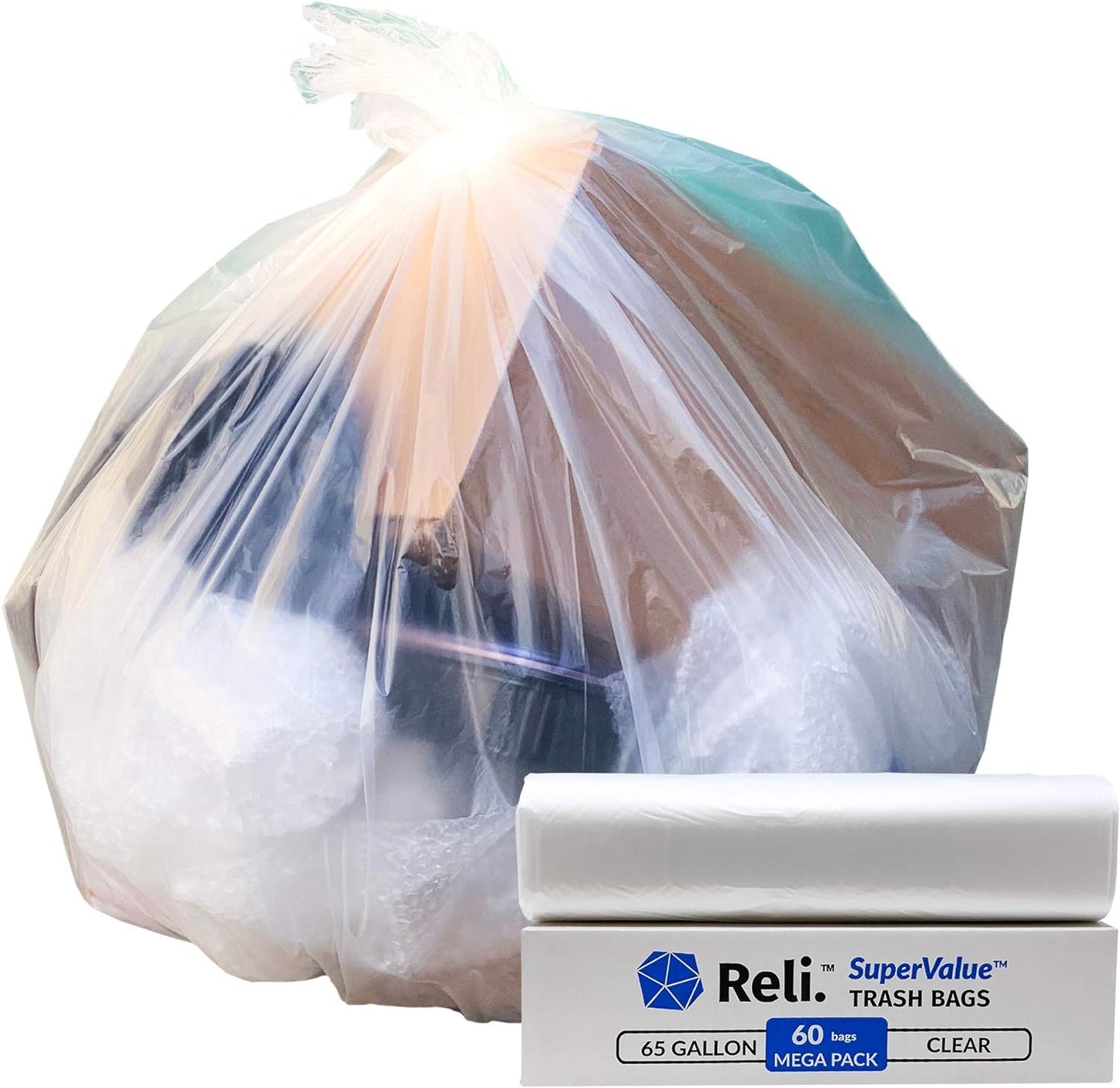 Reli. SuperValue 65 Gallon Trash Bags | 60 Count | Made in USA | Heavy Duty | Clear Multi-Use