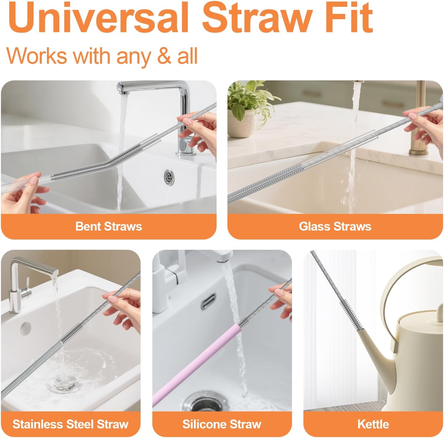 YOTIME Silicone Straw Cleaner Brush, 2 Pcs Reusable Straw Brush(6mm+9mm) for Cleaning Narrow & Wide