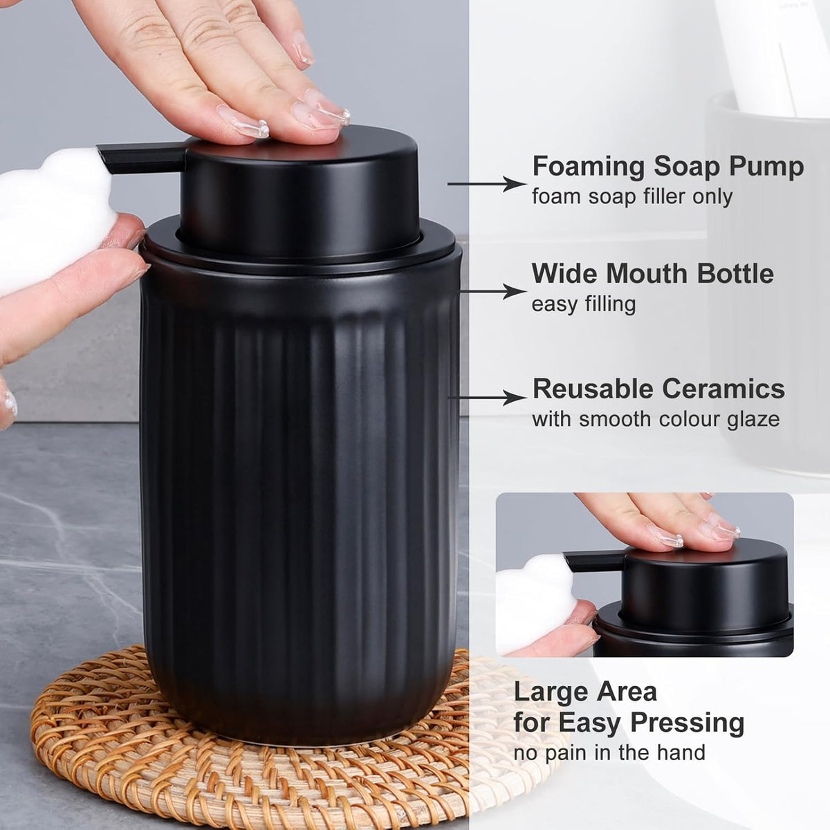 BosilunLife Foam Hand Soap Dispenser - Ceramic Black Foaming Soap Dispenser for Bathroom 12oz