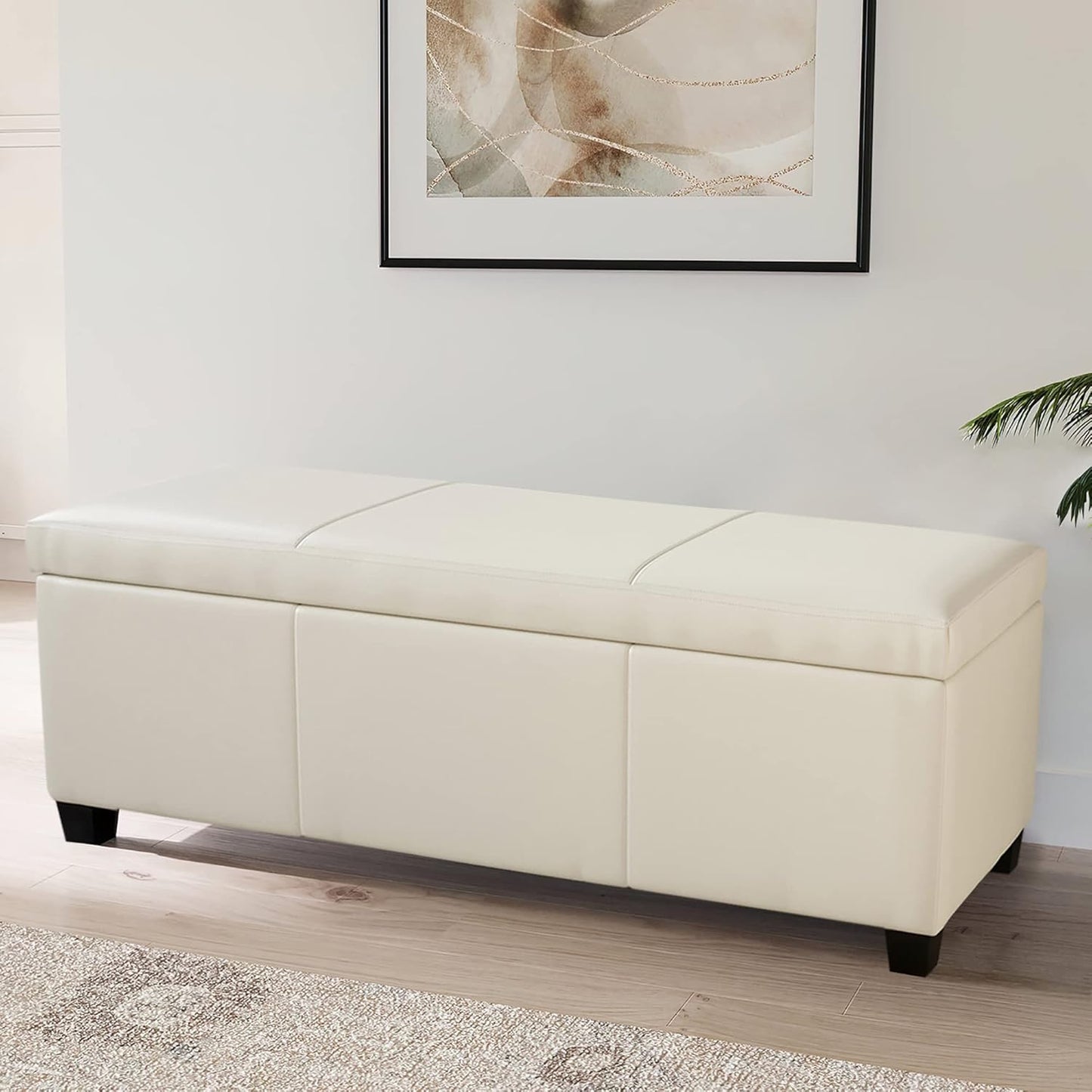 BELLEZE Storage Faux Leather Ottoman, 47 Inch Bench Bedroom Bench with Safety Close Hinge, Extra