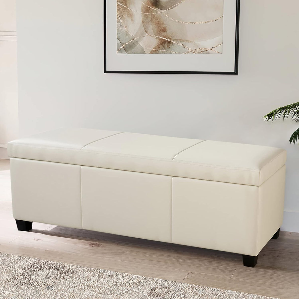 BELLEZE Storage Faux Leather Ottoman, 47 Inch Bench Bedroom Bench with Safety Close Hinge, Extra