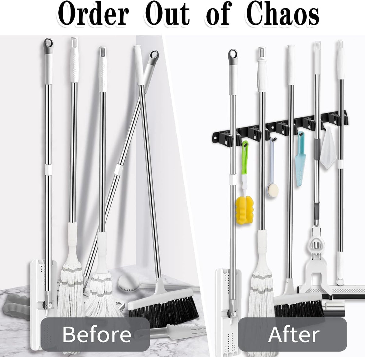 AceMining 2 Pack Black 5 Racks and 4 Hooks Mop and Broom Holder Wall Mount, Broom Organizer Storage