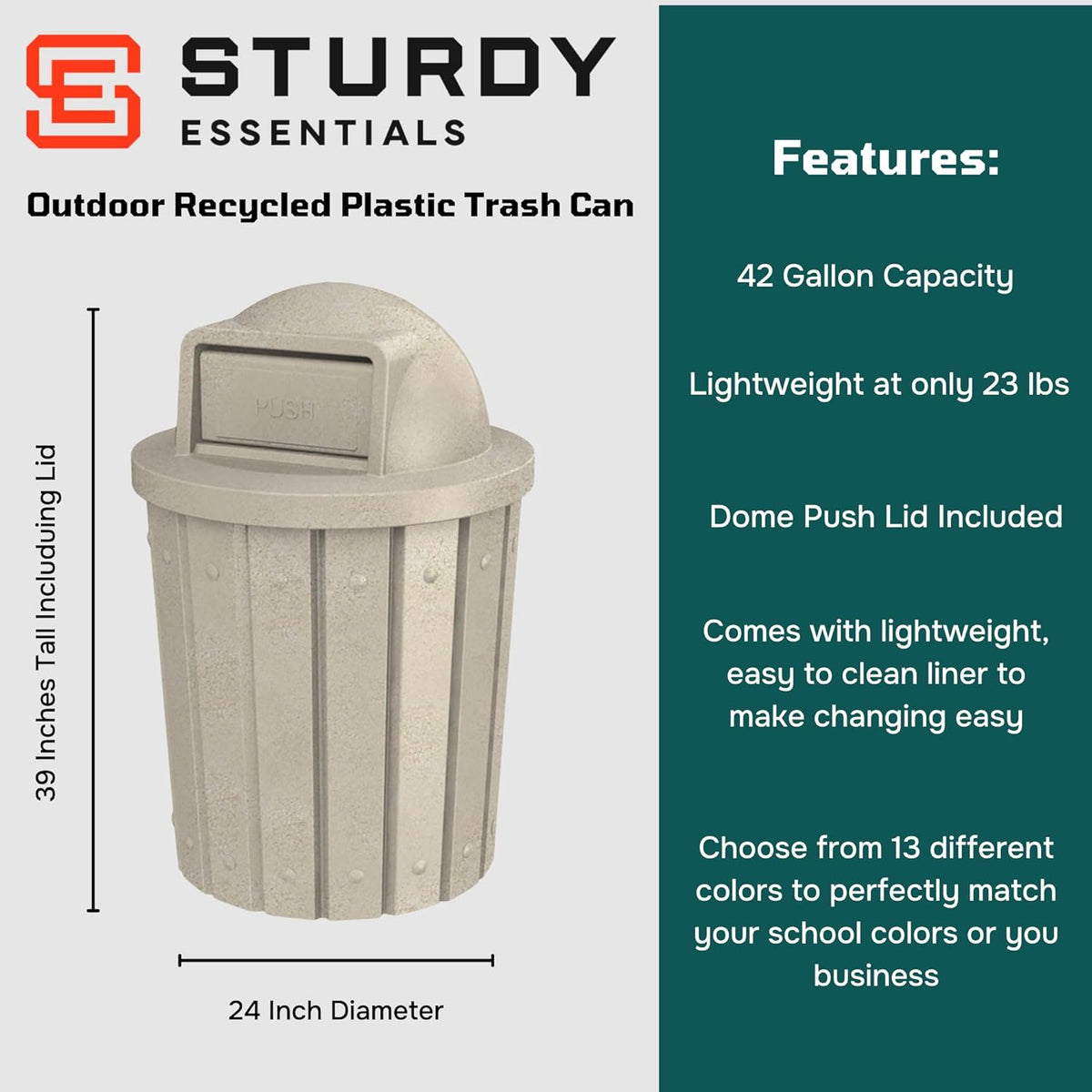 42 Gallon Slated Circle 100% Recycled Plastic Commercial Outdoor or Indoor Trash Can with Push Open