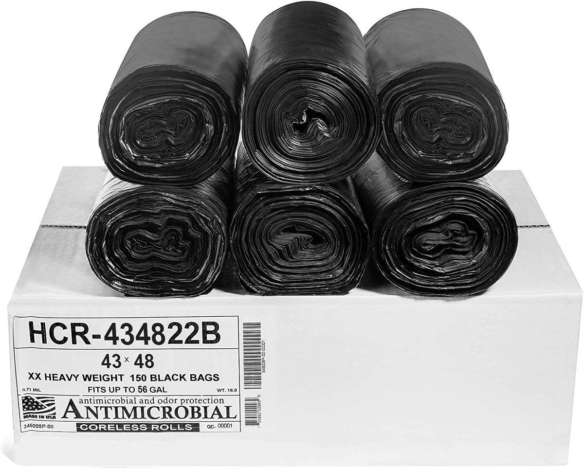 Aluf Plastics High Density Trash Bags, 56 Gallon, 150 Count, 22 Micron (eq), 43" x 48", Black, for