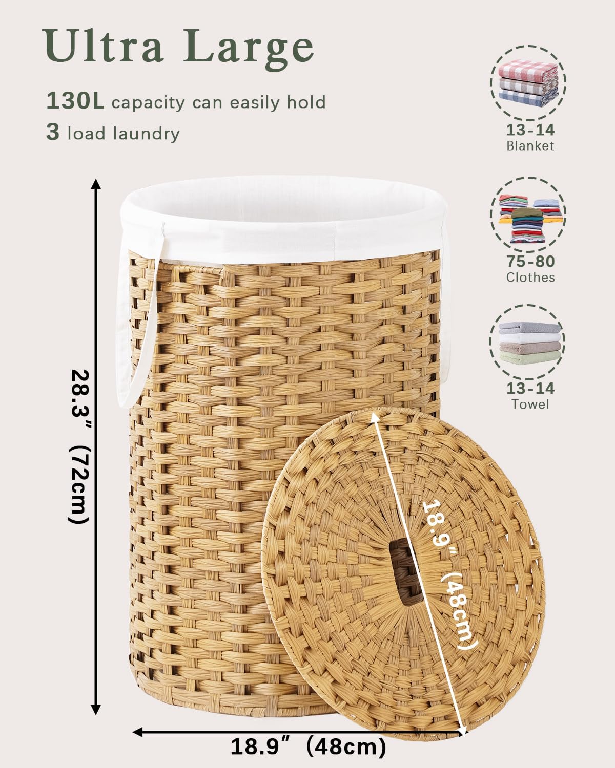 Large Laundry Hamper Laundry Basket Round 34.3 Gal (130 L) Handwoven Wicker Laundry Baskets Rattan