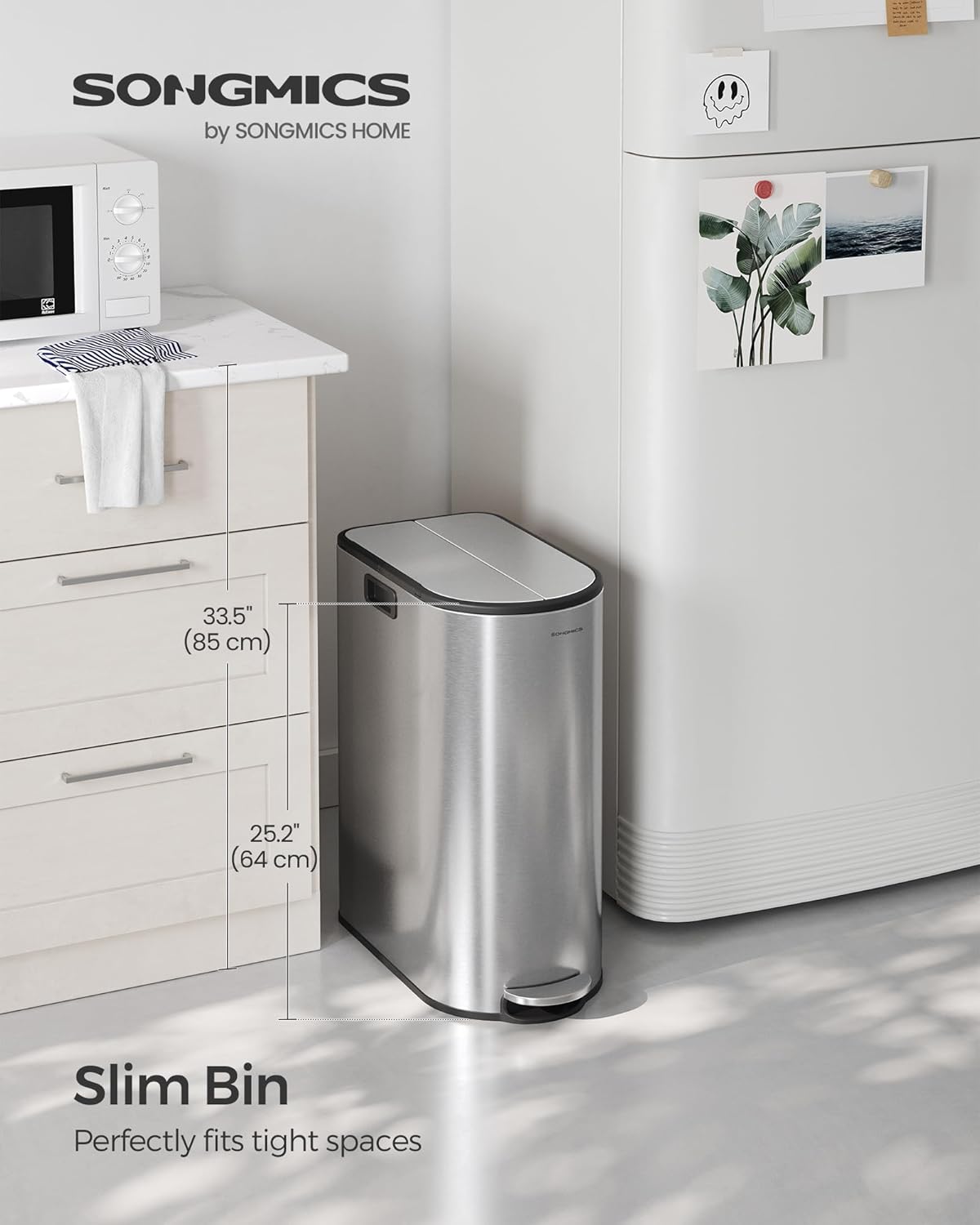SONGMICS 13-Gallon Dual Kitchen Trash Can, 5.3 and 8 Gallon Compartments, Garbage Can with Wing