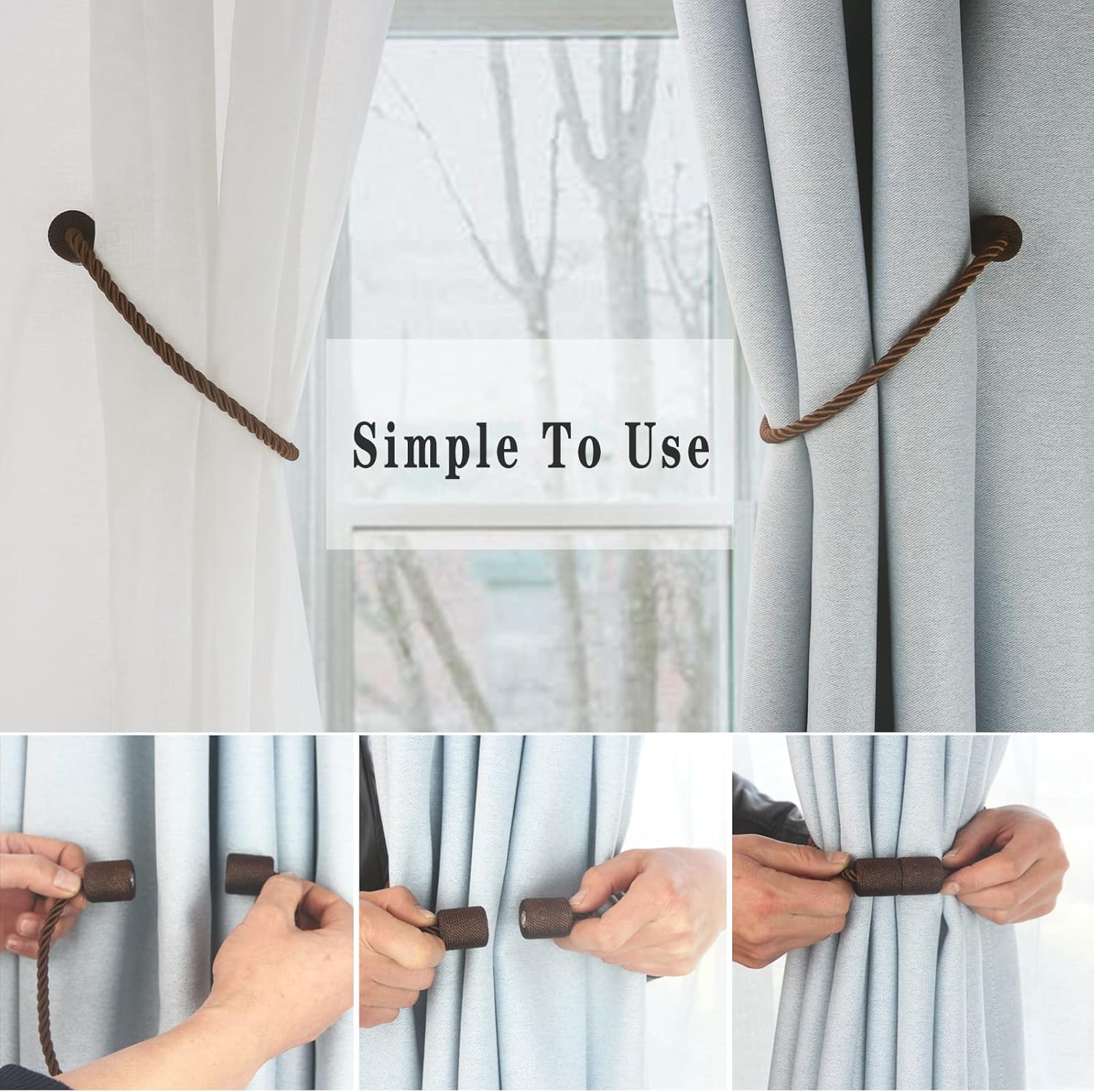 Magnetic Curtain Tiebacks 6 Pack Coffee Curtain Rope Tieback Curtain Holders for Drapes Modern Tie
