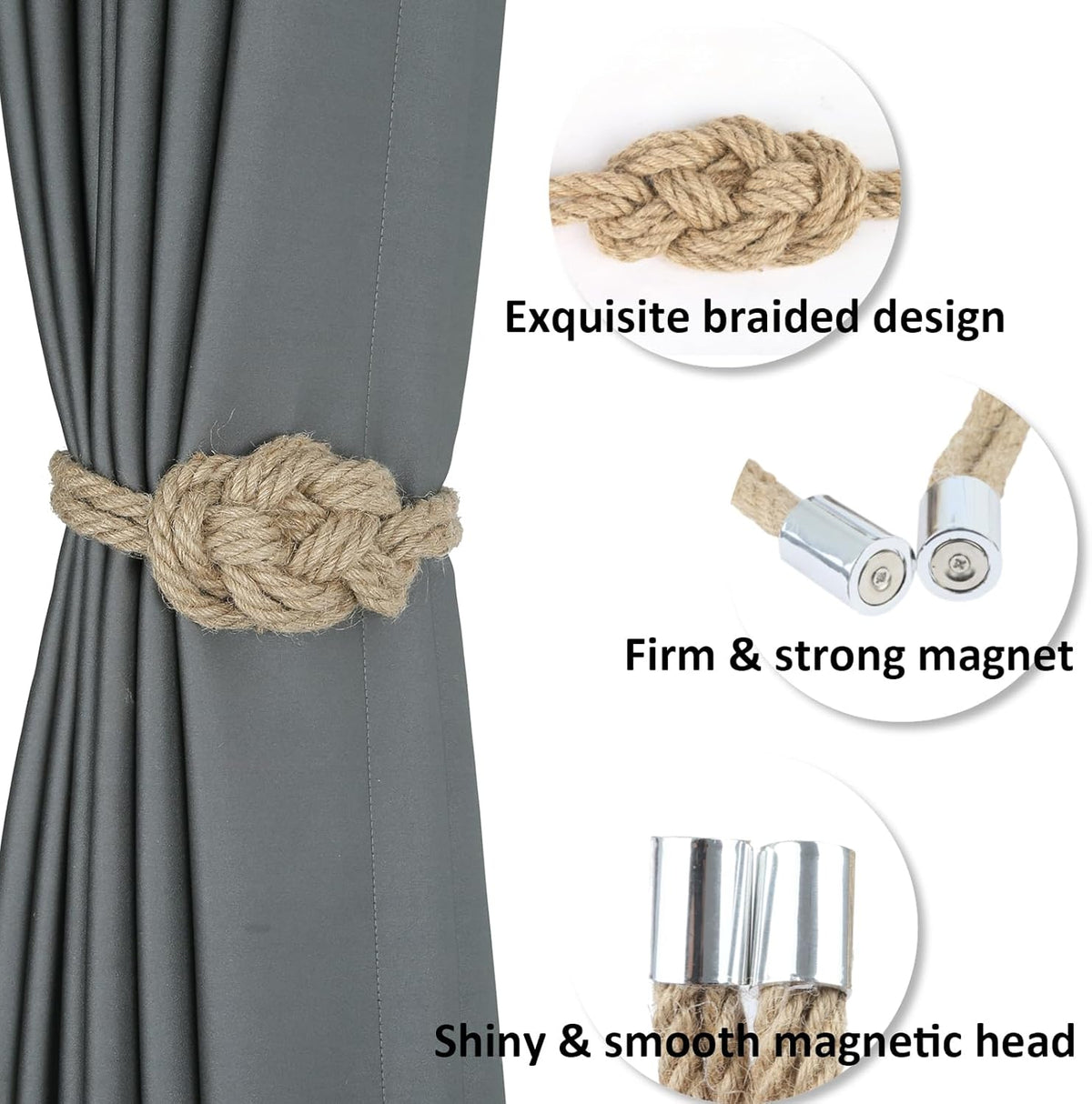 4 Pack Natural Jute Magnetic Curtain Tiebacks, Boho Rustic Style Decorative Curtain Ties Backs for