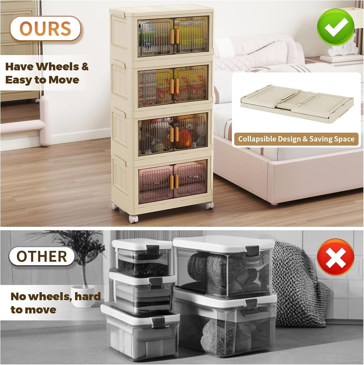 4 Tier Stackable Plastic Storage Bins with Lids 48QT, Collapsible Closet Organizers and Storage