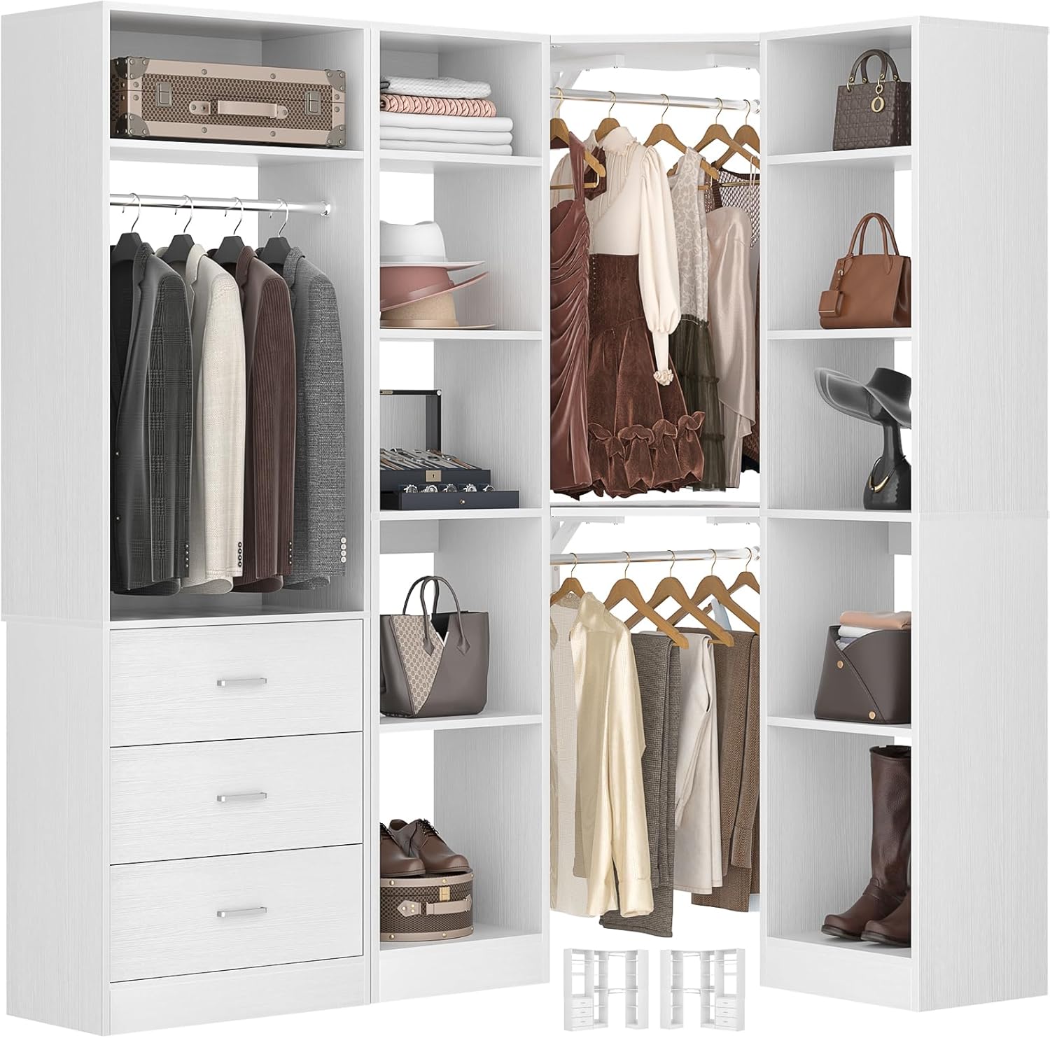 Corner Closet System with 3 Drawers, Corner Closet Organizer System with 13 Shelves & 3 Hanging