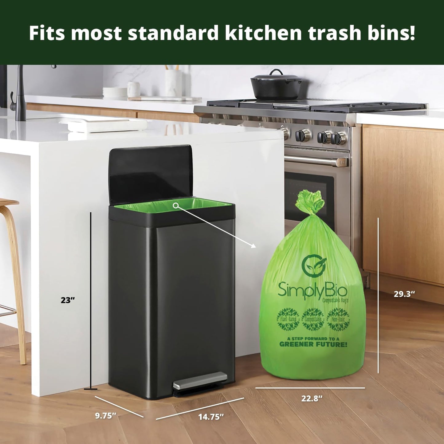 Simply Bio 13 Gallon Compostable Trash Bags Liners with Flat-Top, Thick 0.87 Mil, 49.21 Liter, 50