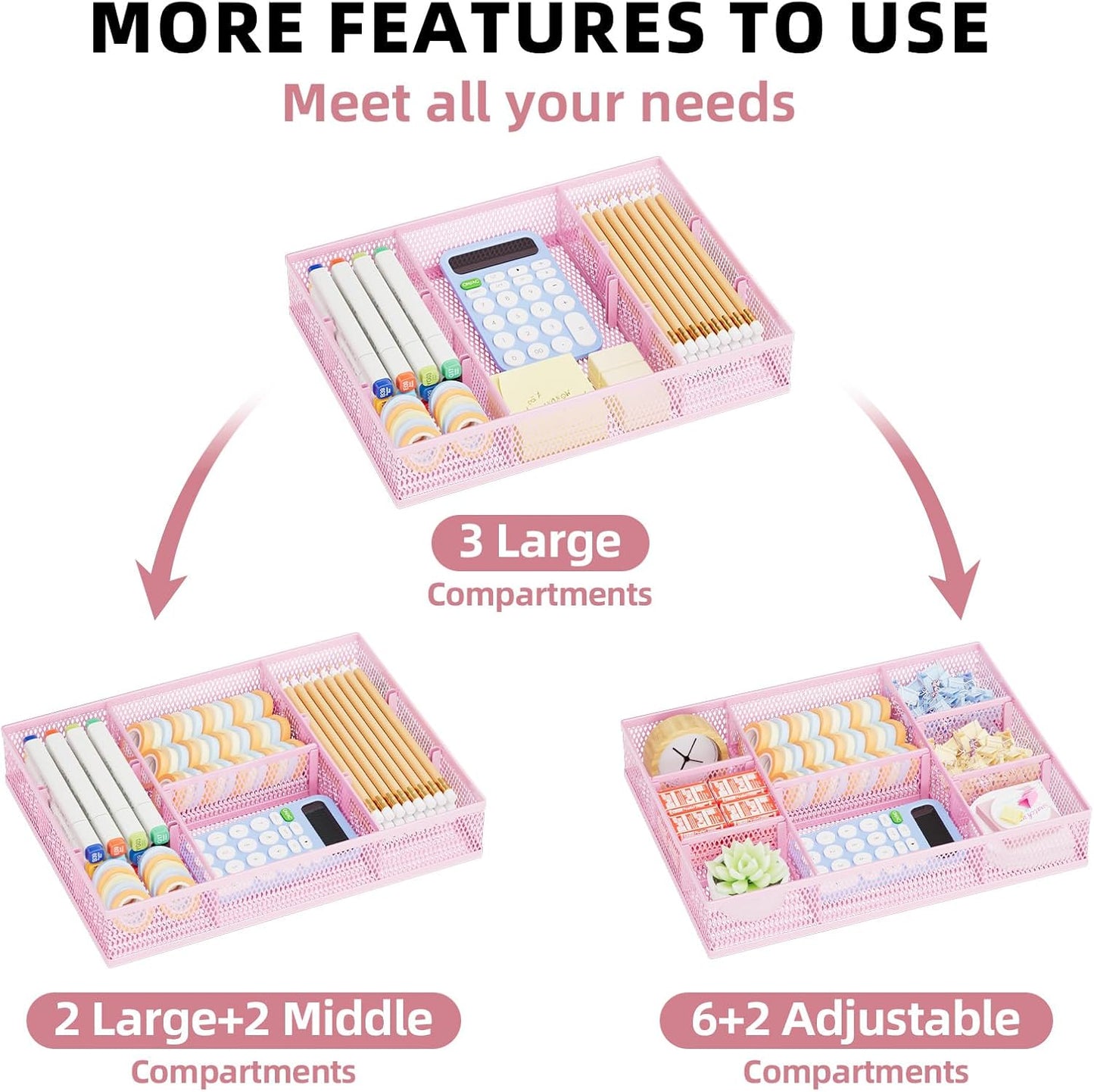 Marbrasse 2 Pack Desk Drawer Organizer, Mesh Drawer Organizer Tray with 8 Adjustable Compartments