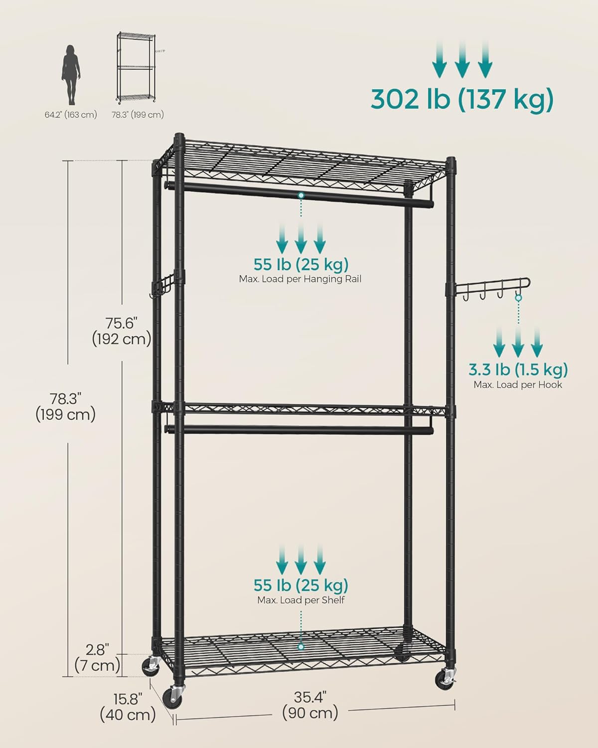 SONGMICS Heavy-Duty Rolling Clothes Rack, Garment Rack, Portable Closet, 35.4-Inch Wide Clothing
