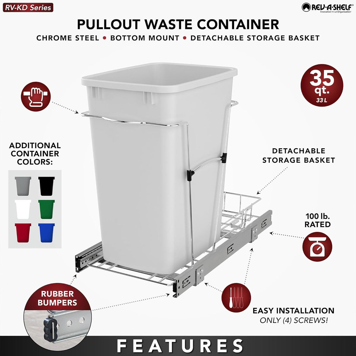 Rev-A-Shelf Pullout Trash Can for Kitchen Cabinets 35 Qt Garbage Waste Recycling Bin w/ Full
