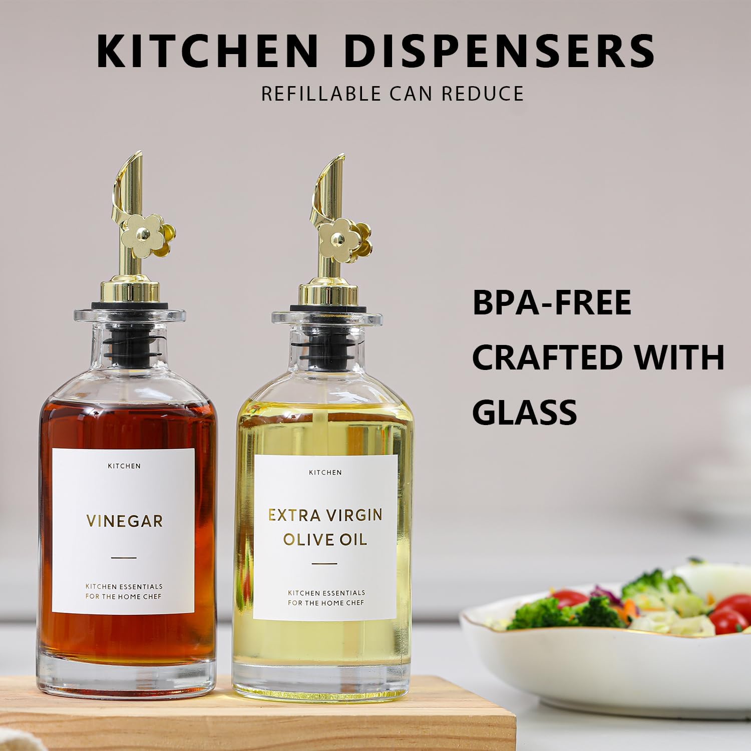 HOMCDALY Olive Oil Dispenser for Kitchen, 11.8oz Glass Dispenser Bottles with Pourer for Kitchen