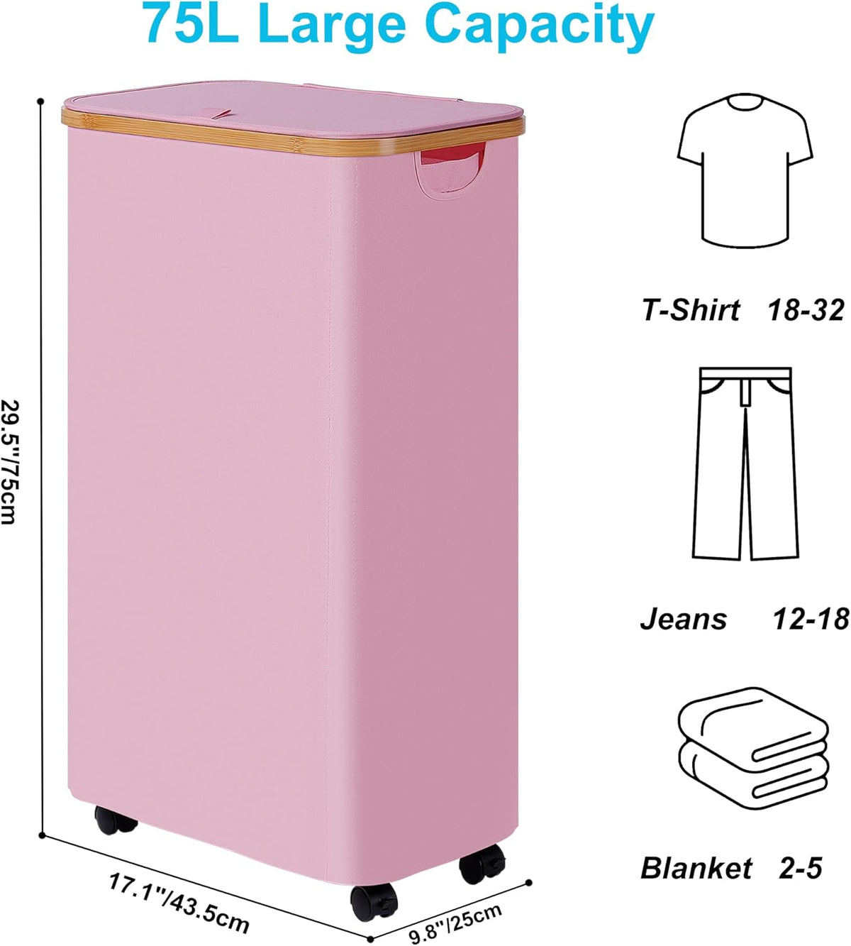 efluky Slim Laundry Basket with Wheels, Narrow Rolling Laundry Hamper with Lid and Removable Bag