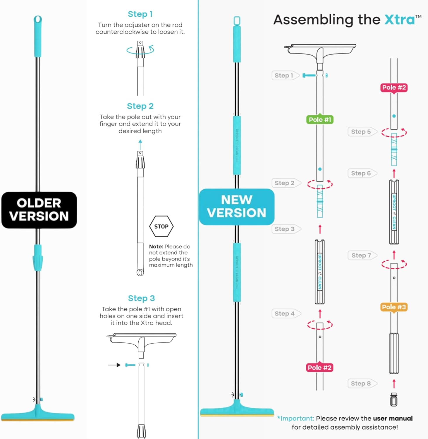 Uproot Cleaner Xtra Pet Hair Removal Tool: Reusable Carpet Rake with Telescopic 60" Handle - As