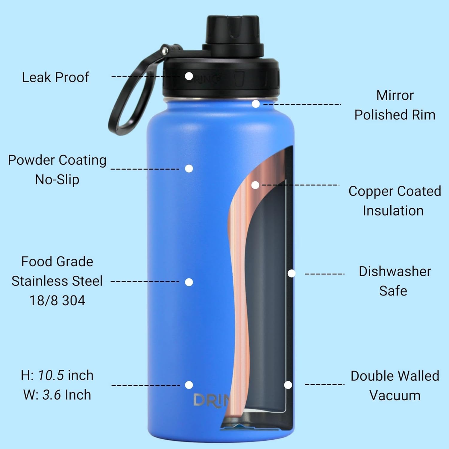 DRINCO Stainless Steel Water Bottle Spout Lid Vacuum Insulated Double Wall Water Bottle Wide Mouth