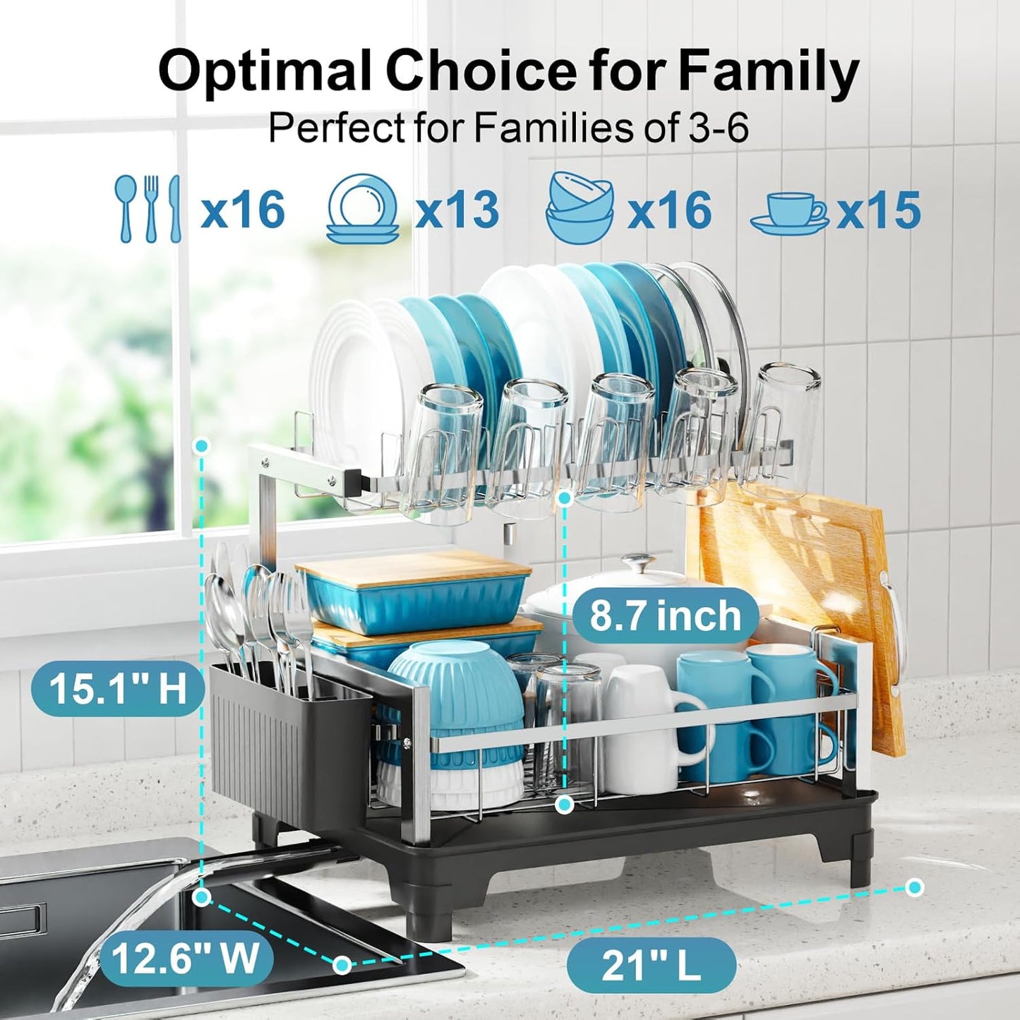 GSlife Dish Drying Rack for Kitchen Counter - Stainless Steel 2 Tier Dish Drainer with Cutting