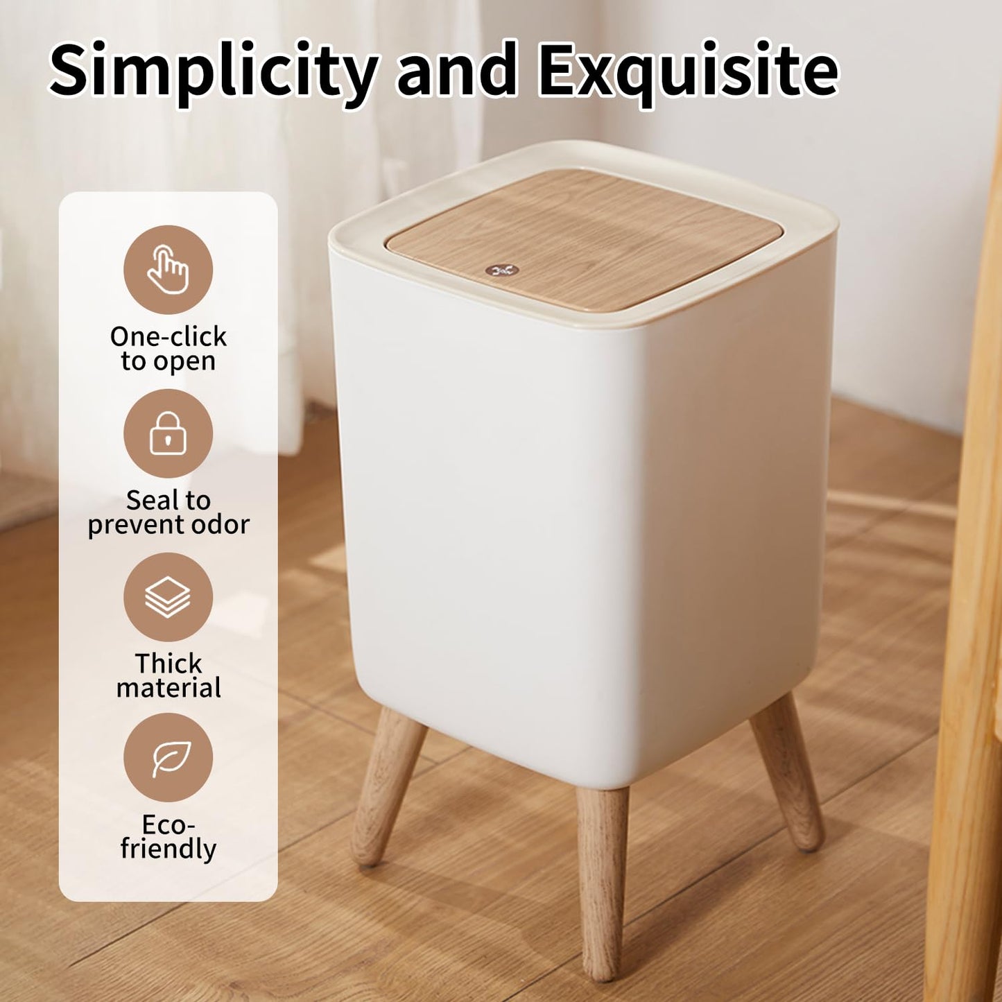 WanWanKa Mini White Plastic Trash Can, 2.6 Gallon Capacity, Slim Design, Anti-Odor, Easy to Clean