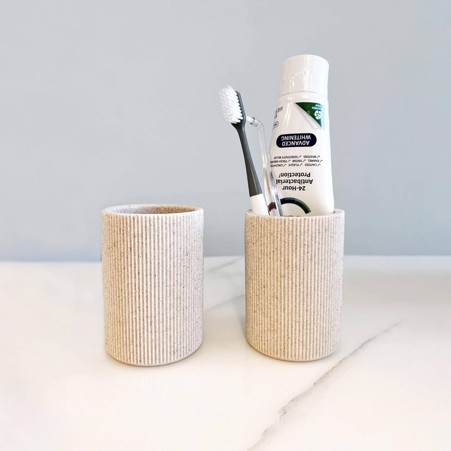 Small Sand Beige Toothbrush Holder for Bathroom Countertop, Modern Boho Farmhouse Style