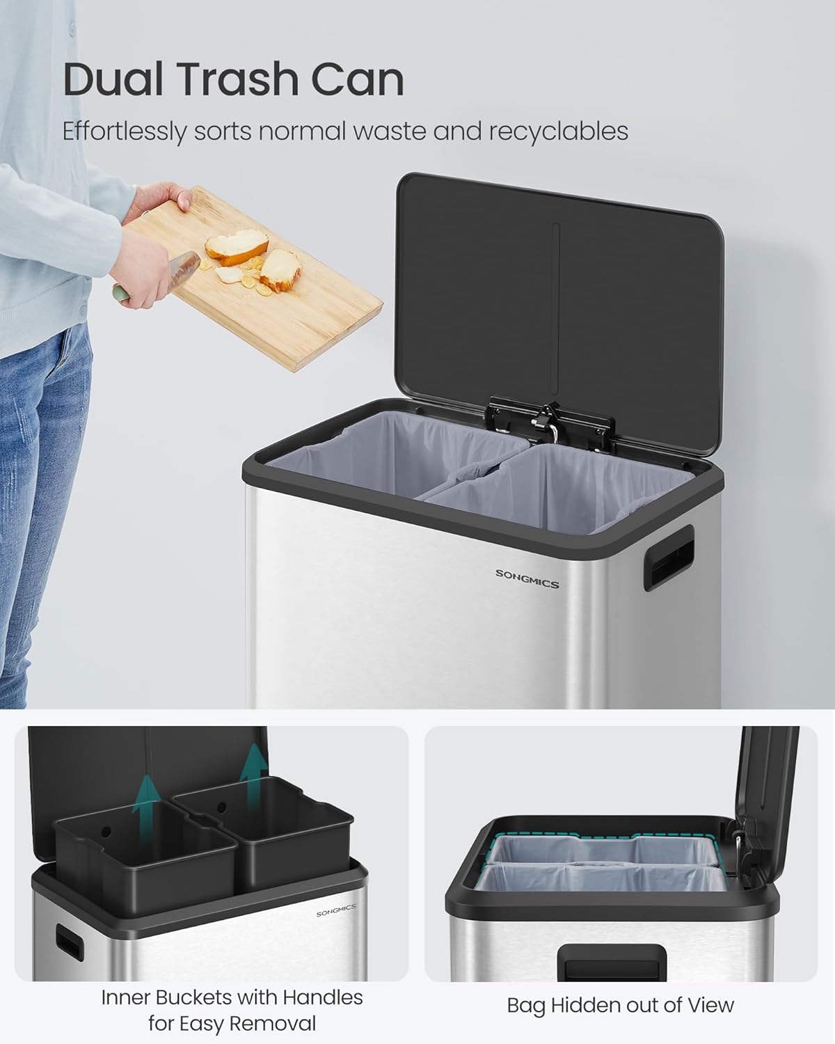 SONGMICS Trash Can, 2 x 8 Gallon (2 x 30 L) Double Garabge Can for Recycling and Waste, Stainless