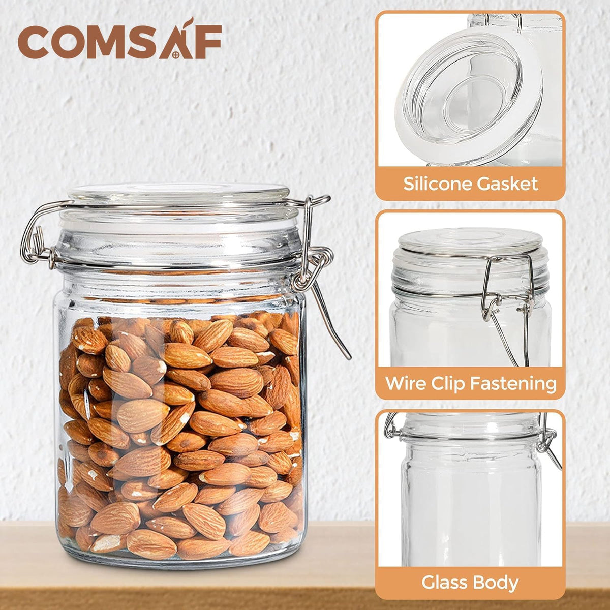 ComSaf Airtight Glass Canister with Lid Set of 6, 25oz Food Storage Jar, Mason Jars, Storage