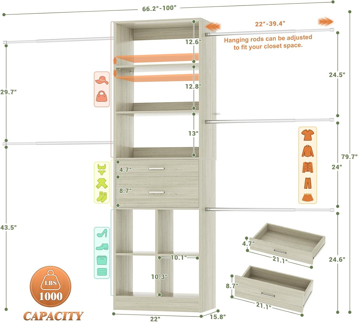 Closet System, 4-8 FT Closet Organizer Tower with 2 Wooden Drawers and Shelves, Can Fit 60 to 96