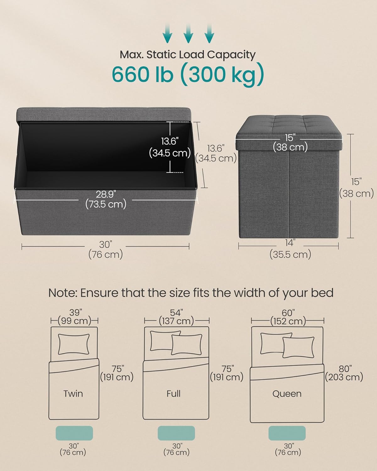 SONGMICS MAZIE Collection - 30 Inches Folding Storage Ottoman Bench, Ottoman Foot Rest, End of Bed