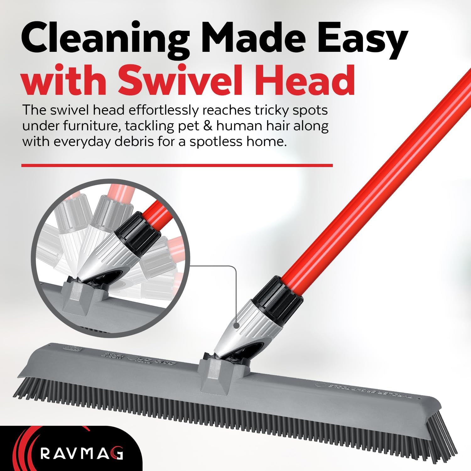 2-in-1 Silicone Rubber Broom Carpet Rake and Squeegee - Swivel Pet Hair Removal Broom with Long