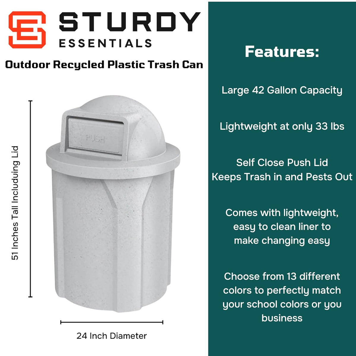 42 Gallon Circle 100% Recycled Plastic Heavy Duty Outdoor Commercial Trash Can with Push Open Dome